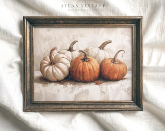 May include: A framed painting of four pumpkins, two white and two orange, on a white background. The pumpkins are arranged in a row, with the white pumpkins in the front and the orange pumpkins in the back. The painting is in a brown frame.