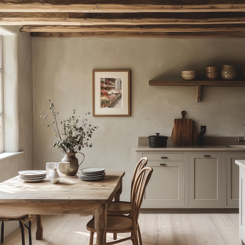 Digital wall art of colorful spring flowers in a rustic market cart