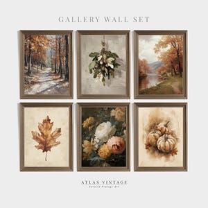 Peut inclure: Un ensemble mural de galerie avec six impressions encadrées. Les impressions représentent des scènes automnales, notamment un sentier forestier, un bouquet, un paysage fluvial, une feuille d'automne, une composition florale et des citrouilles. Le texte "GALLERY WALL SET" et "ATLAS VINTAGE" sont visibles.