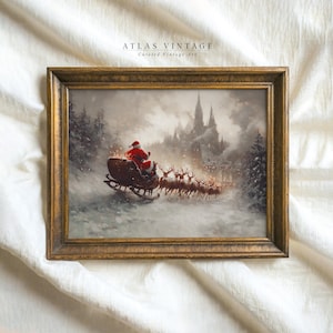 Vintage Christmas Print, Santa Claus Riding Sleigh Oil Painting, Dark Xmas Wall Decor, Winter Festive Printable Art, Holiday Digital Prints