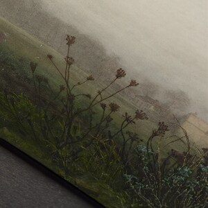 May include: A watercolor painting of a foggy landscape with a field of tall, brown wildflowers in the foreground. The background is a hazy, gray sky with a hint of green foliage.