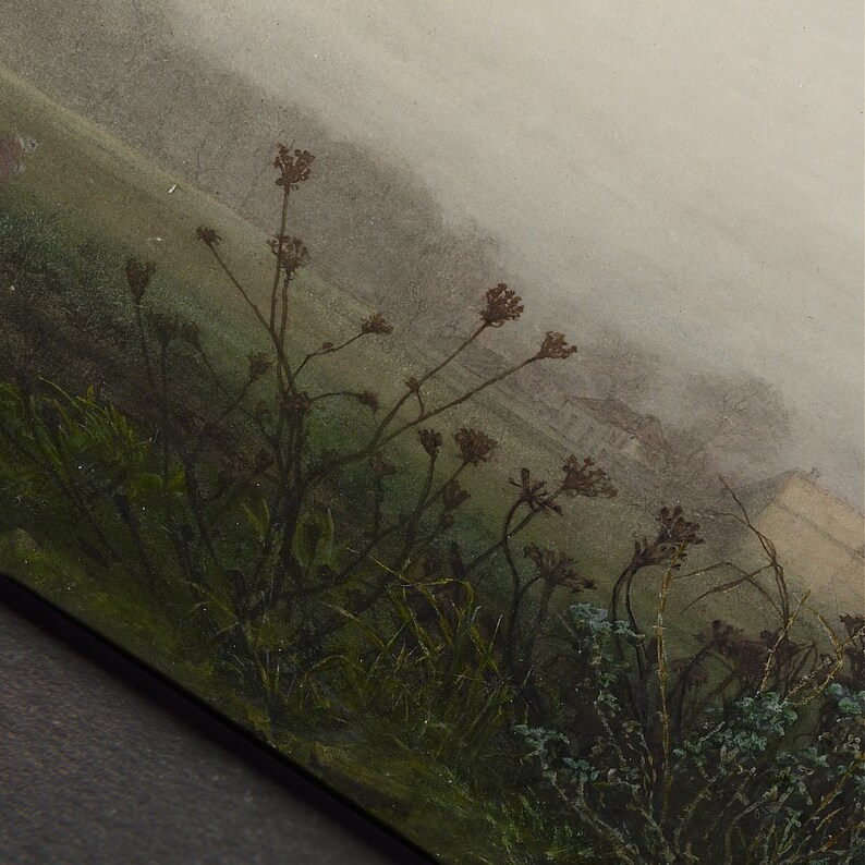 May include: A watercolor painting of a foggy landscape with a field of tall, brown wildflowers in the foreground. The background is a hazy, gray sky with a hint of green foliage.