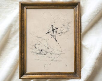 Stampa artistica con aquilone volante vintage, decorazione rustica per la cameretta dei bambini (download digitale)