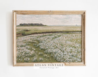 野生の花の風景画、ビンテージの春の草原の画、アンティークの油絵