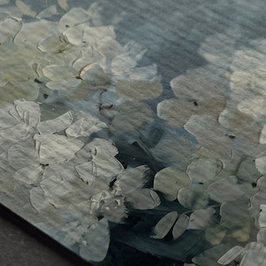 May include: Abstract painting with a textured, brushstroke effect. The painting features shades of gray, blue, and white, creating a sense of depth and movement. The brushstrokes are visible and add to the overall texture of the painting.
