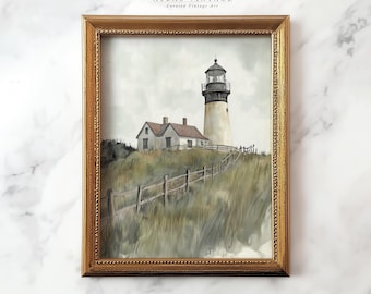Vintage Lighthouse Watercolor Print, Coastal Cottage Wall Art (Digital Download)