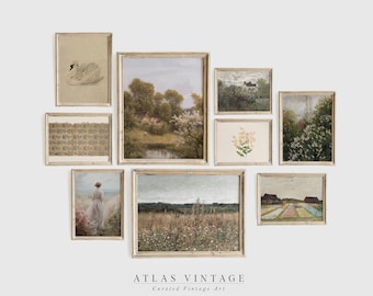 Neutral French Country Landscape Painting Set, Vintage Gallery Wall Art (Digital Download)