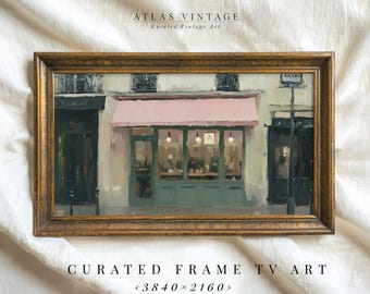 Vintage Parisian Cafe Frame Tv Art, Rainy Street Painting Samsung Tv Art, French Bistro Screensaver, Cozy Paris Cityscape Sage Green Decor