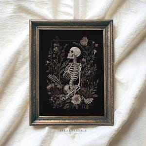 Vintage Floral Skeleton Print, Botanical Gothic Skeleton Printable Wall Art, Spooky Halloween Dark Academia Decor, Digital Download