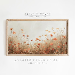 Może przedstawiać: Wydruk w ramie przedstawiający akwarelę przedstawiającą pole pomarańczowych dzikich kwiat&oacute;w. Wydruk nosi tytuł "Curated Frame TV Art - 3840x2160 -" i jest oprawiony w jasną drewnianą ramę.