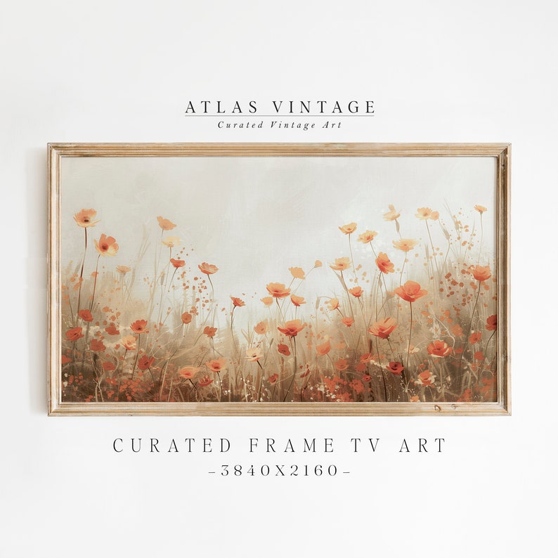 Może przedstawiać: Wydruk w ramie przedstawiający akwarelę przedstawiającą pole pomarańczowych dzikich kwiat&oacute;w. Wydruk nosi tytuł "Curated Frame TV Art - 3840x2160 -" i jest oprawiony w jasną drewnianą ramę.