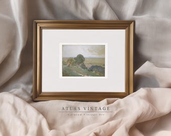 Aquarel landschap afdrukbare muurkunst vintage glooiende heuvels bomen zachte lucht schilderij
