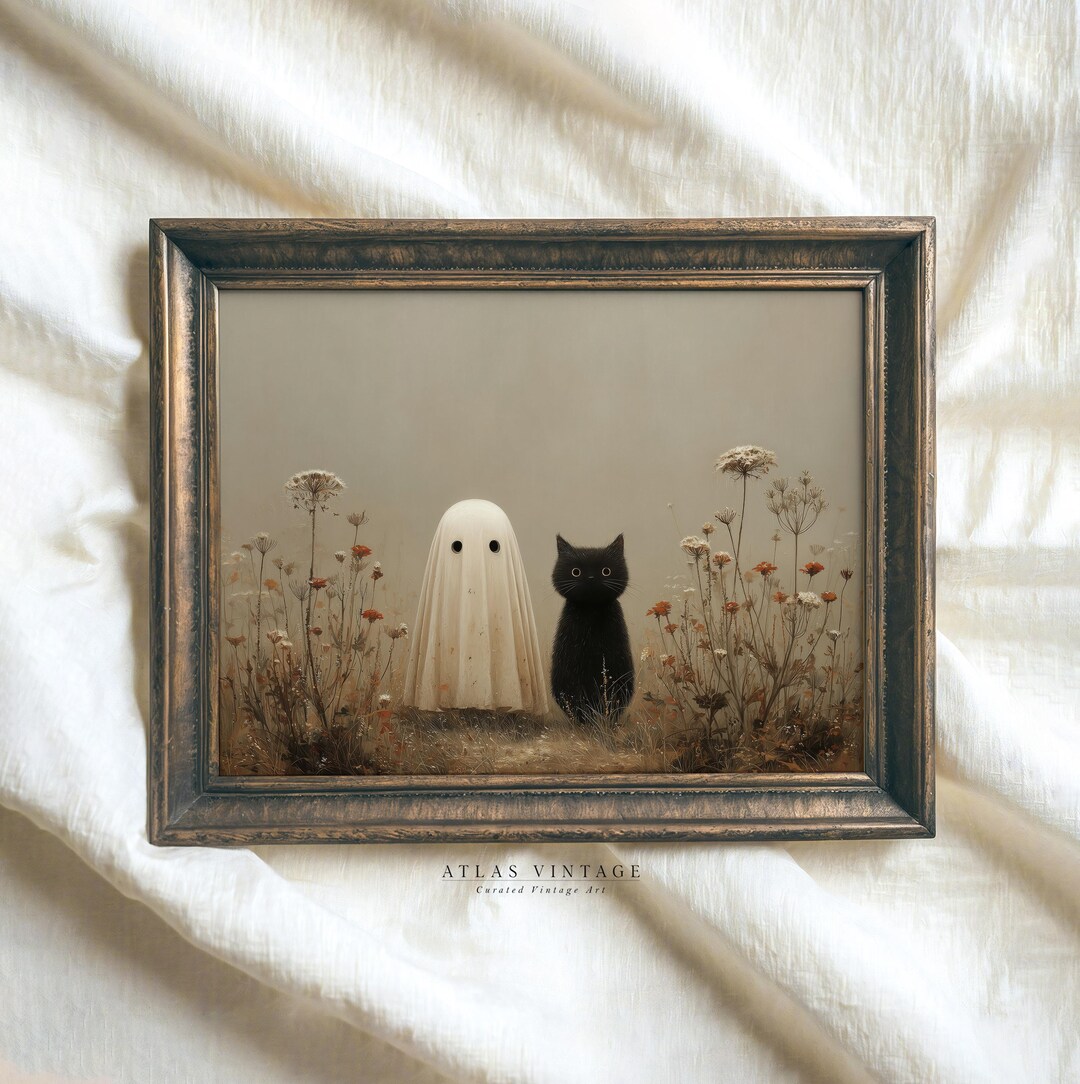 Vintage Halloween Ghost and Black Cat Art Print (digital Download) - Etsy