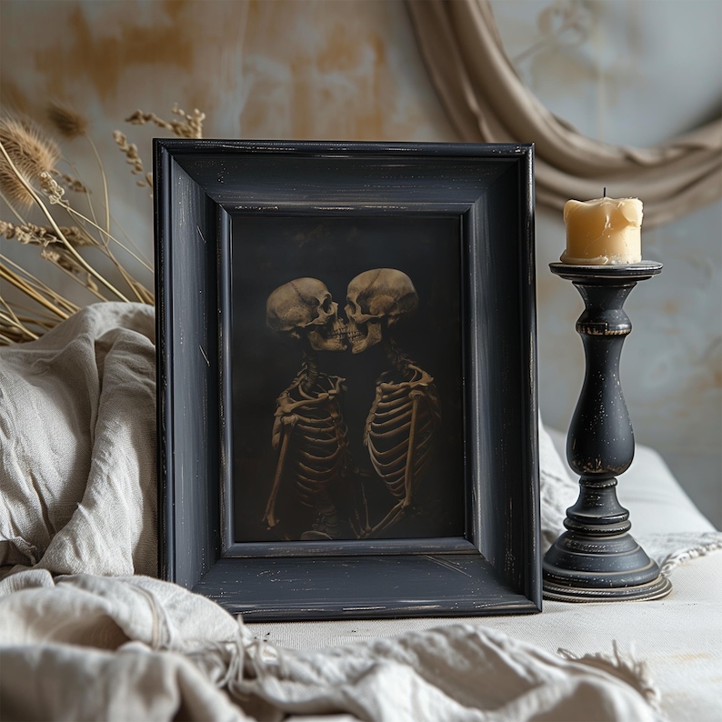 Gothic skeleton couple kissing in a dark, romantic scene.