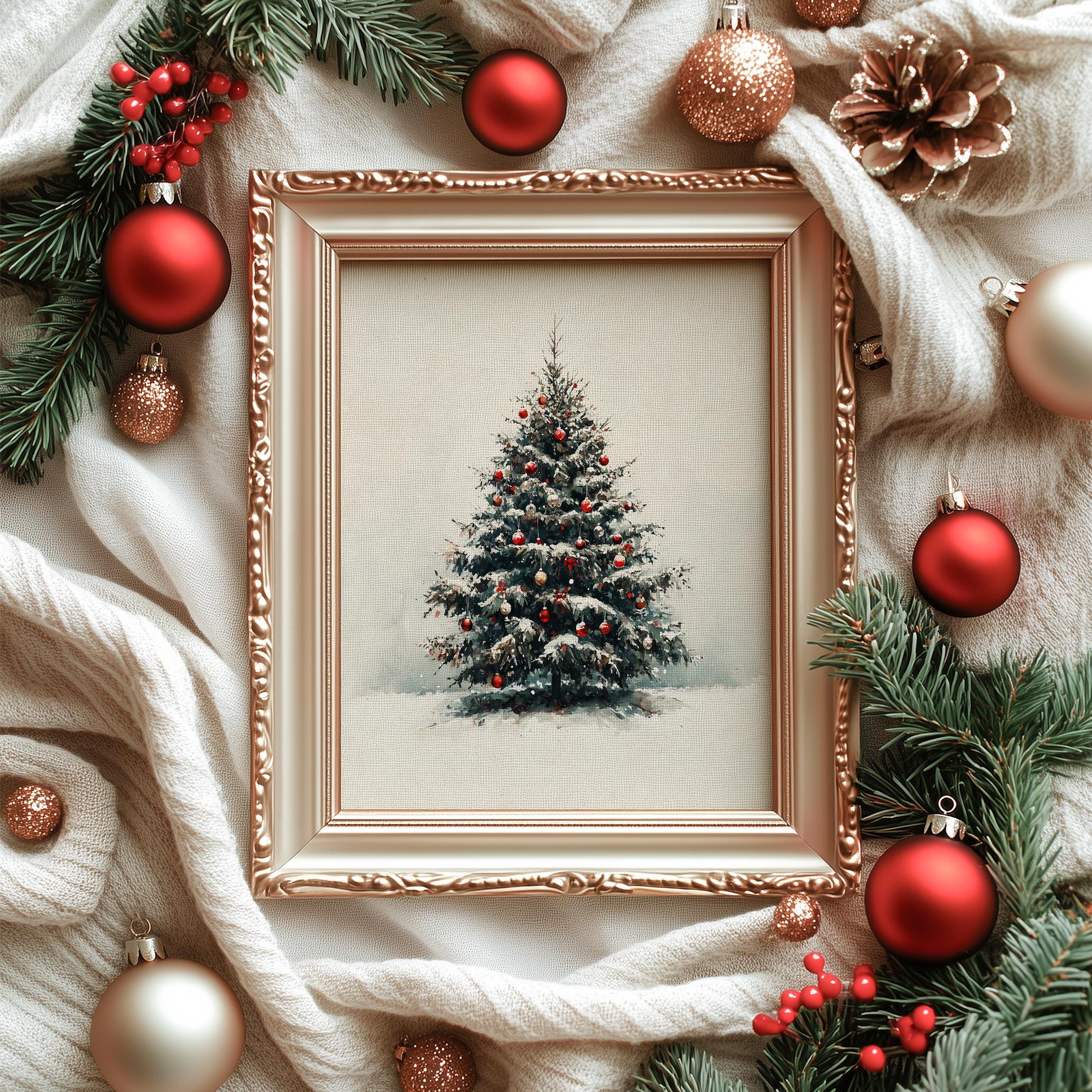 クリスマスツリーのヴィンテージアート ヴィンテージクリスマスツリープリント、冬の常緑樹の絵画