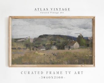 Vintage Cottage Landscape TV Art, Summer Field Oil Painting (Digital Download)