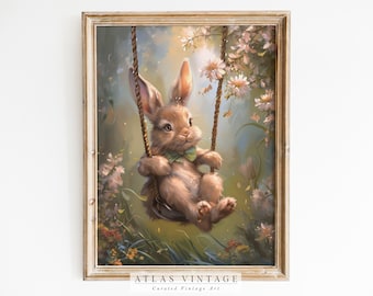 Vintage Cute Swinging Easter Bunny Print, Spring Rabbit Printable Wall Art, Nursery Décor, Kids Room Décor Digital, Antique Bunny Painting