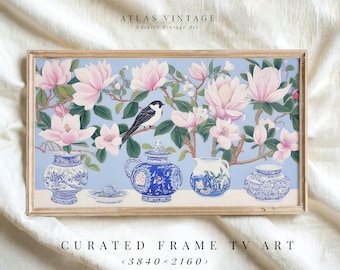 Vintage Chinoiserie Magnolia Frame TV Art, Bird and Flower (Digital Decor)