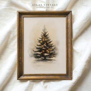 Vintage Christmas Tree Watercolor Print, Neutral Holiday Decor (Digital Prints)
