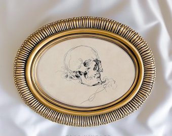 Vintage Halloween Schädel Tuschezeichnung, Gothic Dark Academia Art (digitaler Download)