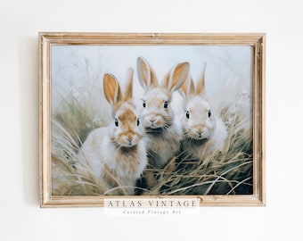 Vintage Easter Decor Print, Antique Easter Bunnies Printable Wall Art, Moody Rabbit Painting, Hare Spring Decor, Digital Download