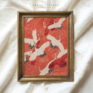 Vintage Red Japanese Crane Printable Wall Art, Asian Flying Bird Print, Nautical Coral Maximalist Decor, Digital Download