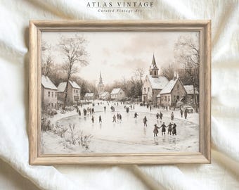 May include: A framed vintage print showing a winter scene with ice skaters on a frozen pond. The artwork uses a sepia-toned palette, with buildings and trees around the pond. The frame is light wood. Text at the top reads "ATLAS VINTAGE Curated Vintage Art."