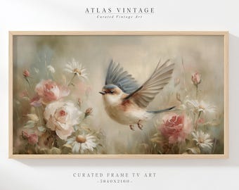 Bird in Rose Flower Meadow Samsung Frame TV Art - Soft Pastel Floral Painting