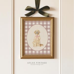 Golden Retriever Print, Cute Dog Poster with Pink Bow Printable Wall Art, Gingham Pet Decor for Dog Lovers, Digital Download
