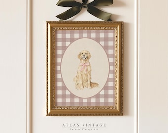 Golden Retriever Print, Pink Bow Gingham, Dog Lover Wall Art (Digital Download)