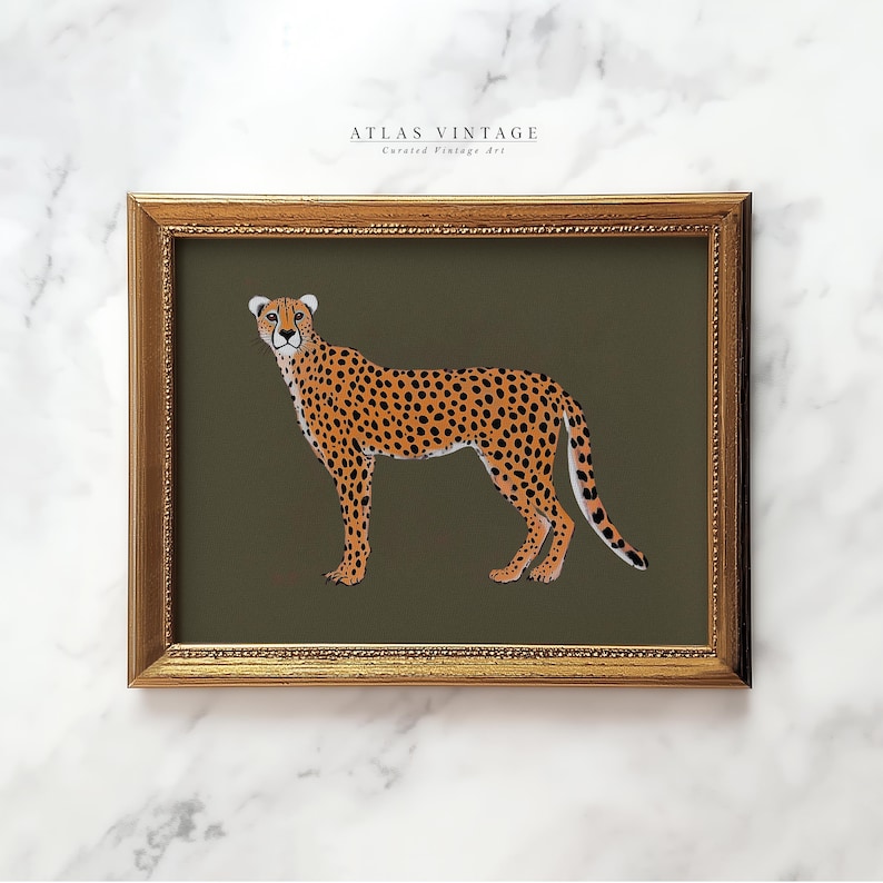 Sage green cheetah print wall art with a minimalist safari theme.