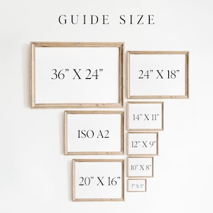 May include: A guide to different frame sizes, with measurements in inches. The sizes include 36" x 24", 24" x 18", 14" x 11", ISO A2, 12" x 9", 10" x 8", 20" x 16", and 7" x 5".
