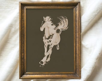 Vintage White Horse Etching Print, Sage Green Equestrian Decor (Digital Prints)