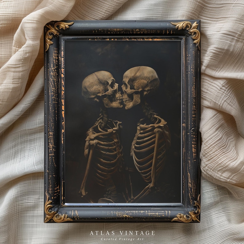 Halloween-themed romantic skeleton artwork for home decor.