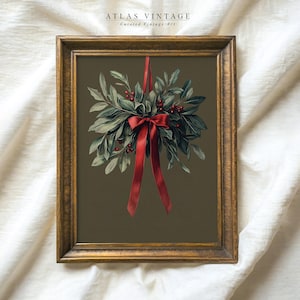 Vintage Mistletoe Christmas Painting Print, Sage Green Holiday Decor (Digital Download)