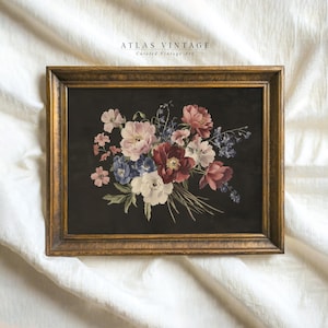Vintage Floral Printable Wall Art, Dark Botanical Wall Decor, Spring Flower Bouquet Painting Print, Moody Cottagecore Decor Digital Download