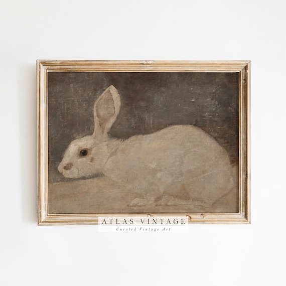 Vintage Easter Bunnies Print, Antique Spring Rabbit Painting, Neutral Country Farmhouse Décor Digital, Dark Moody Rustic Printable Wall Art
