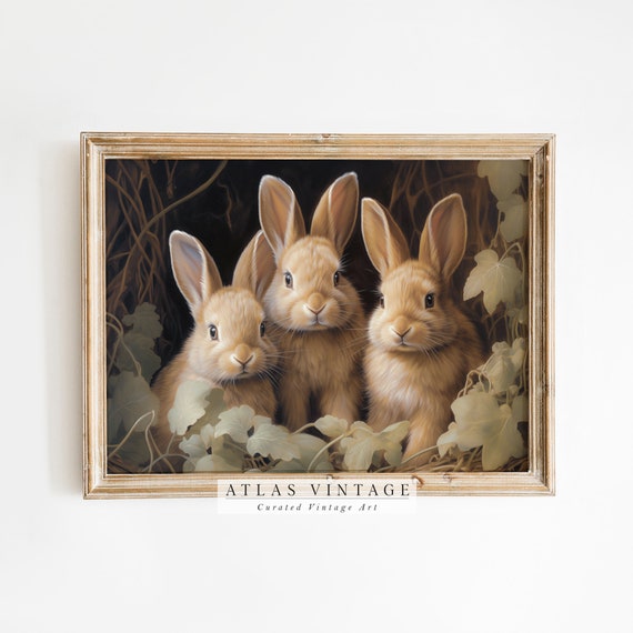 Vintage Easter Bunnies Print, Antique Spring Rabbit Oil Painting, Neutral Country Farmhouse Décor Digital, Moody Rustic Printable Wall Art