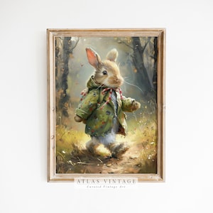 Cute Hiking Easter Bunny Print, Vintage Spring Rabbit Printable Wall Art, Nursery Kids Room Décor, Digital Download, Antique Bunny Painting