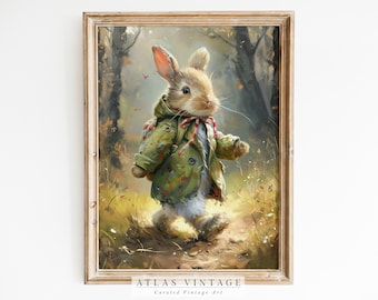 Impressão vintage de coelho da Páscoa, arte de parede com coelho fazendo trilha (download digital)