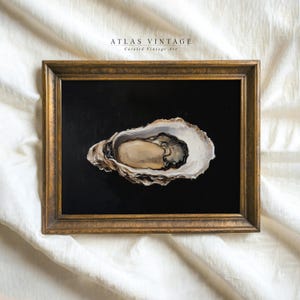 May include: A framed painting of an oyster on a black background. The oyster is open, showing a creamy interior. The shell is detailed with shades of brown and white. The frame is gold-toned, and the artwork is labeled "ATLAS VINTAGE Curated Vintage Art."