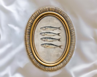 Vintage Coastal Sardine Fish Oil Painting Print, Rustic Beach House Printable Wall Art, Nautical Kitchen Summer Decor, Digital Download