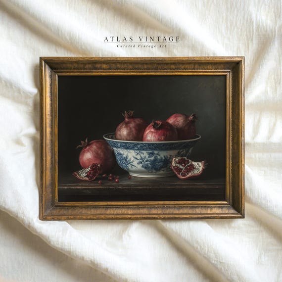 Vintage Pomegranate Still Life Print, Fall Red Fruit Painting Printable Wall Art, Rustic Farmhouse Autumn Kitchen Decor, Digital Download