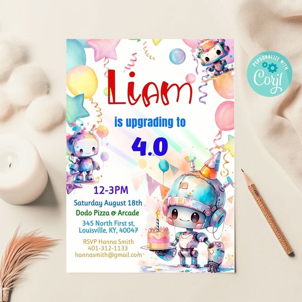 Editable Robot Birthday Invitations | Robot Birthday Party Invitations| Robot Invitations for boys or girls