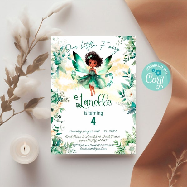 Editable Fairy Birthday Invitation Whimsical Wildflower Black Fairy Birthday Magical Floral Afro American girl Birthday Instant Download