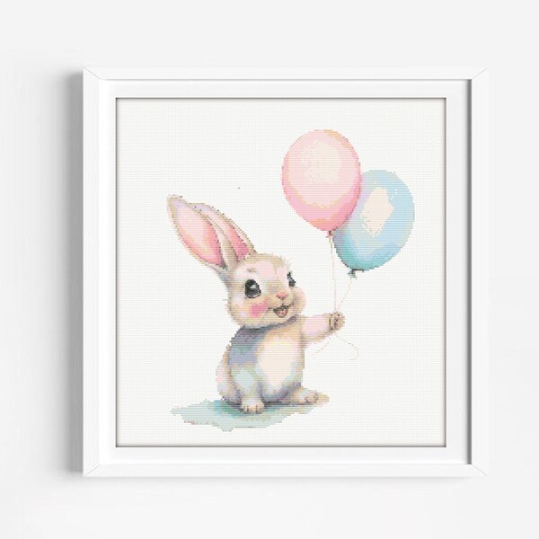 Baby Bunny with Balloons Cross Stitch PDF Pattern - Cute Watercolor Xstitch Chart, Modern DIY Nursery Decor