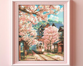 Japanese Garden Cross Stitch Pattern - Japan Landscape Cross Stitch Chart - Asian Landscape Cross Stitch Art - Sakura Cross Stitch