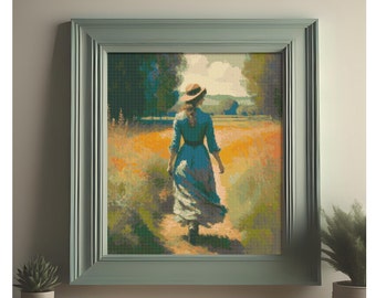 Woman Walking in the Field cross stitch pattern pdf - A Tranquil Meadow Stroll - Advanced cross stitch and Full coverage -  counted stitch