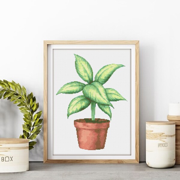 Dieffenbachia in een pot Cross Stitch patroon - Plant Xstich PDF - Flower Counted Stitch Design - Wall art decor