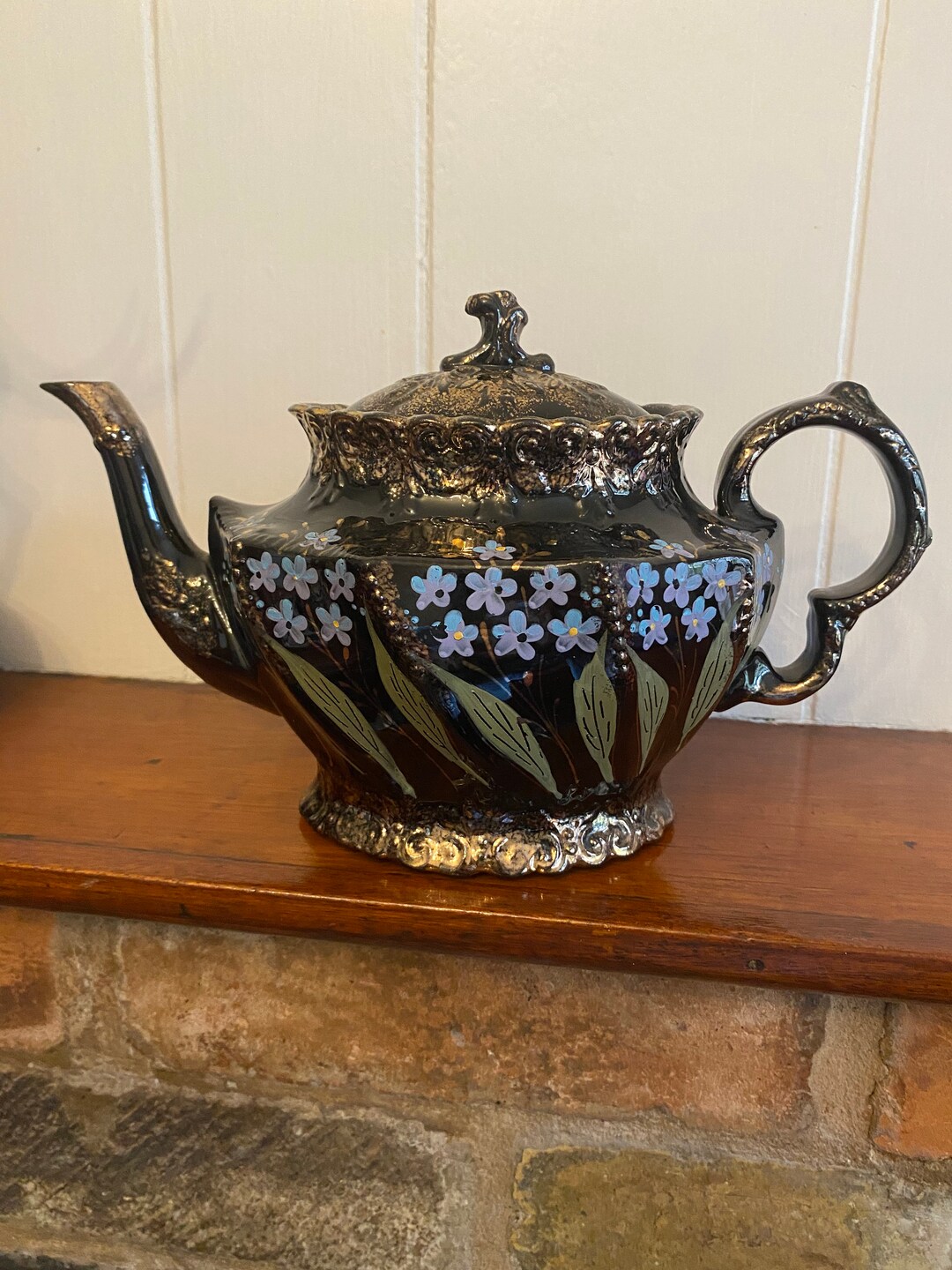 Antique Victorian Jackfield Moriage Jetware Teapot English Etsy